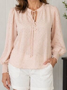 Blu Pepper Blush Pink Gold Polka Dot Peasant Blouse Size Large